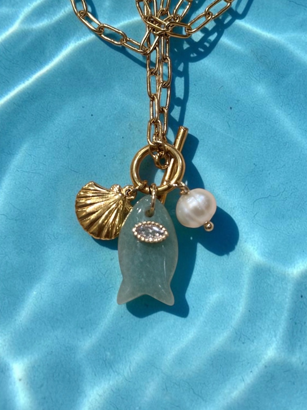 Gold Chain Necklace with Sea-Glass Green Fish, Shell & Pearl Charms
